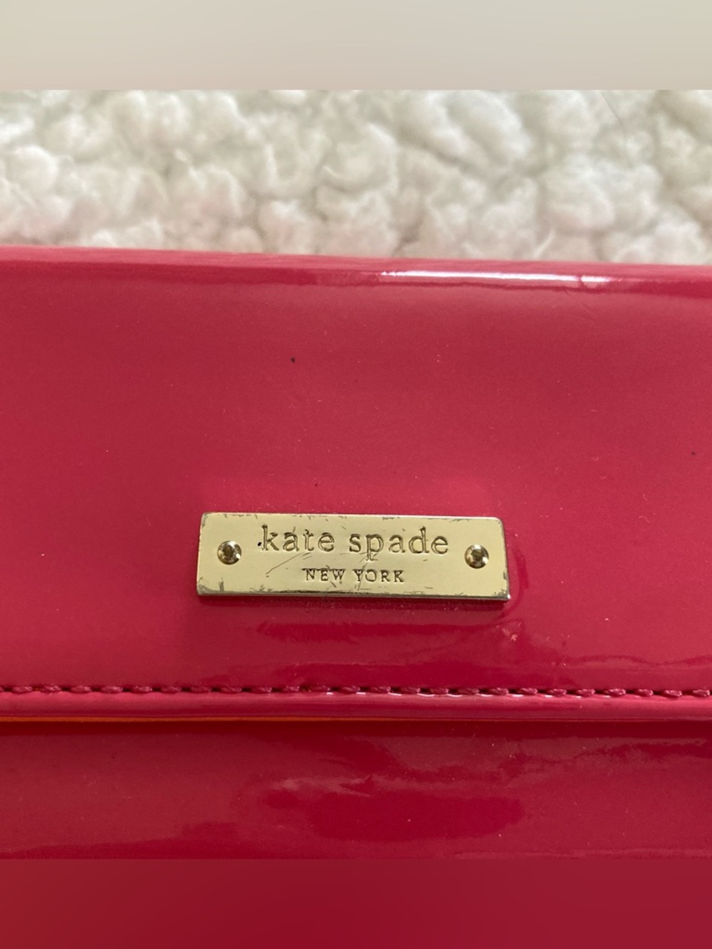 kate spade small hot pink wristlet wallet with gold plaque, shiny patent fabric - Picture 2 of 7
